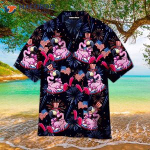 Flamingo-printed American Flag Firework Pattern Hawaiian Shirts