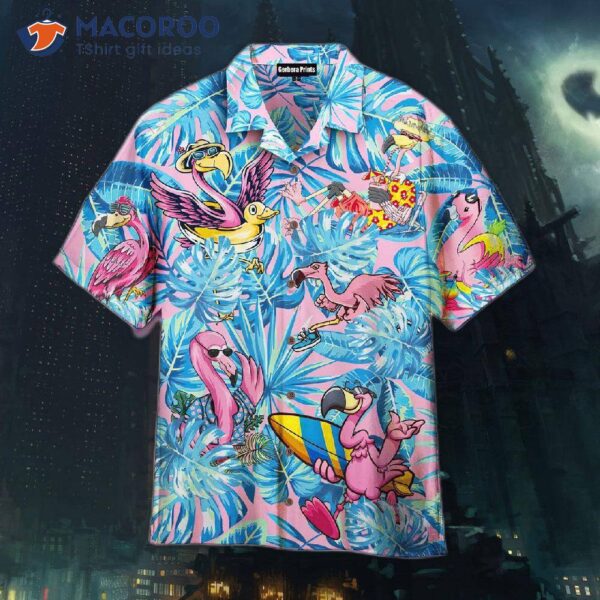 Flamingo Tropical Funny Blue Leaf Hawaiian Shirts