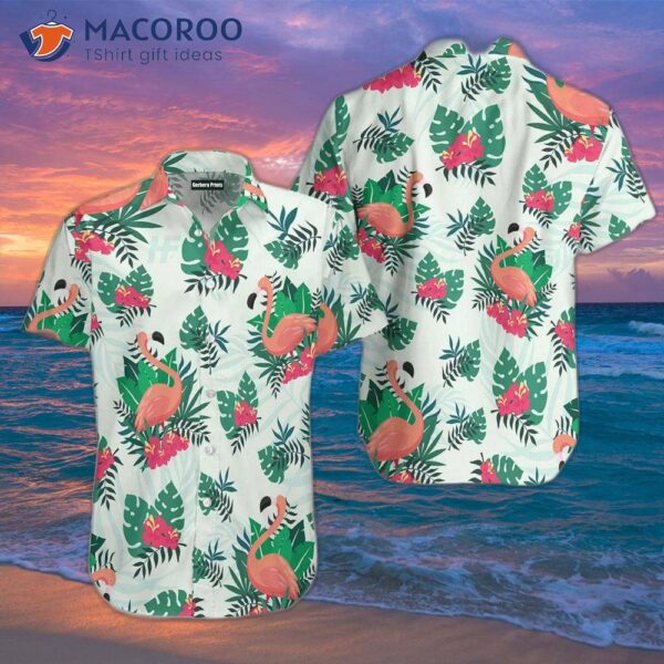 Flamingo-white And Leaf-green Hawaiian Shirts