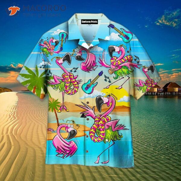 Flamingos Enjoy Music Party On The Beach In Summer Hawaiian Shirts.