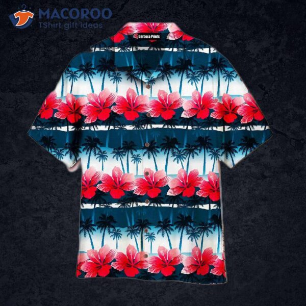 Flowers, Coconut Trees, Tropical Hibiscus And Black White Hawaiian Shirts