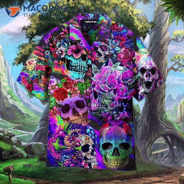 Flowery Hippie-style Colorful Skull Purple Hawaiian Shirts