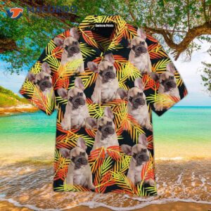 french bulldog sitting up among fern leaves seamless hawaiian shirts 1