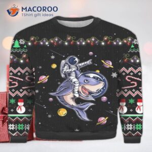 Funny Astronauts Ride A Shark In Space Wearing An Ugly Christmas Sweater.