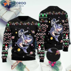 Funny Astronauts Ride A Shark In Space With An Ugly Christmas Sweater Planet.