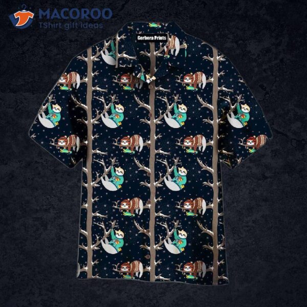 Funny Baby Sloths Sleeping In The Tree Wearing Black Hawaiian Shirts