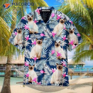 funny blue tropical pattern hawaiian shirts with birman kitten cat design 0