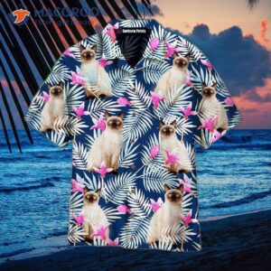 funny blue tropical pattern hawaiian shirts with birman kitten cat design 1