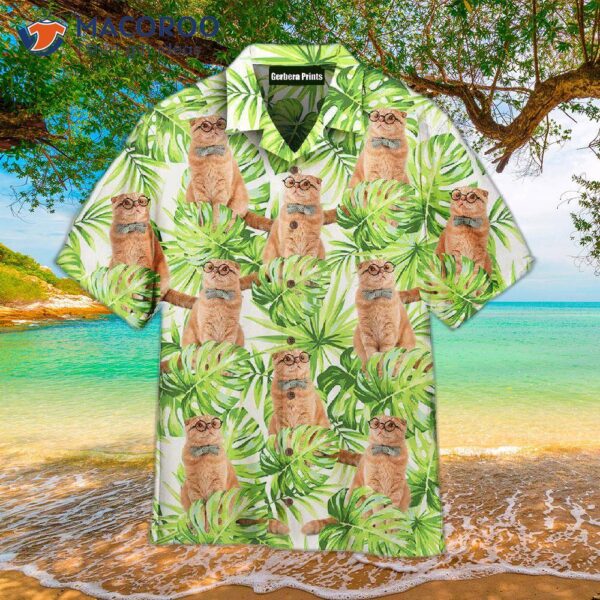 Funny Cat In A Bow Tie Wearing Tropical Floral Hawaiian Shirt