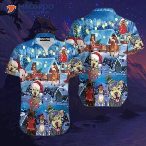 Funny Dog Merry Christmas Light Pattern Blue Hawaiian Shirts