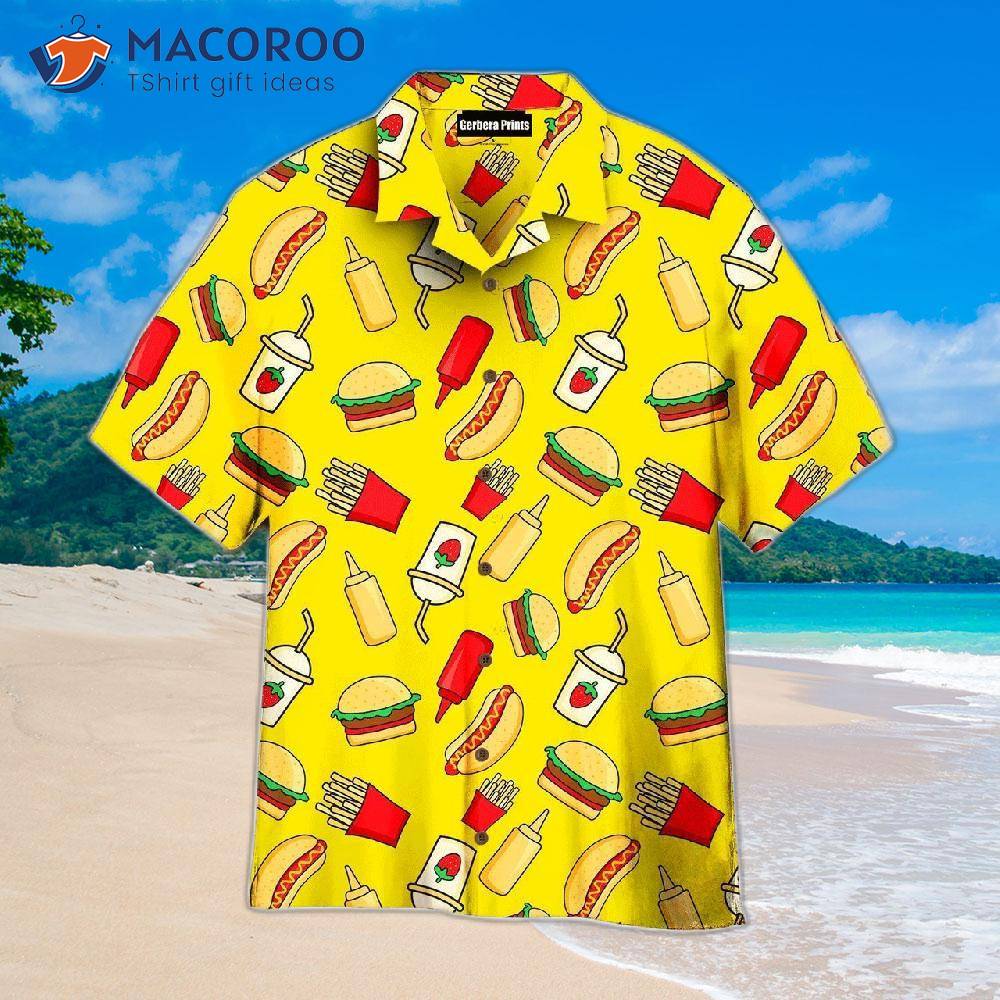 Funny, Fast-food-themed Yellow Hawaiian Shirts Funny, Fast-food-themed Yellow Hawaiian Shirts