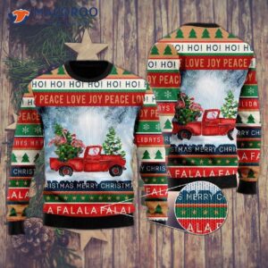 Funny Flamingo With Red Truck Ugly Christmas Sweater For The Holiday