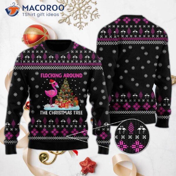 Funny Flamingos Flocking Around The Ugly Christmas Tree Sweater