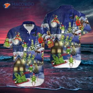 Funny Frogs In Hawaiian Shirts On A Christmas Snowman Night