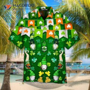 Funny Gnomes Wearing Happy Saint Patrick’s Day Green Shamrock Hawaiian Shirts.