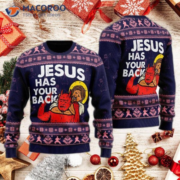 Funny “jesus Has Your Back” Ugly Christmas Sweater