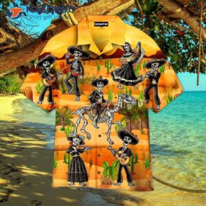 Funny Mexican Skulls Dancing In The Desert Wearing Hawaiian Shirts