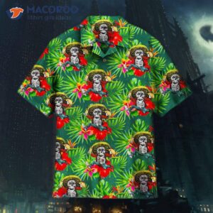 Funny Mexican Skulls Holding Tacos Tropical Summer Green Hawaiian Shirts
