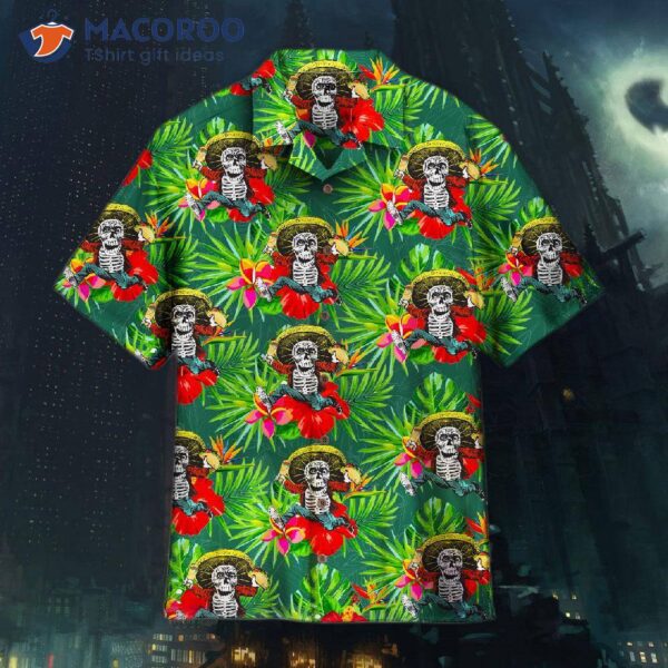 Funny Mexican Skulls Holding Tacos Tropical Summer Green Hawaiian Shirts