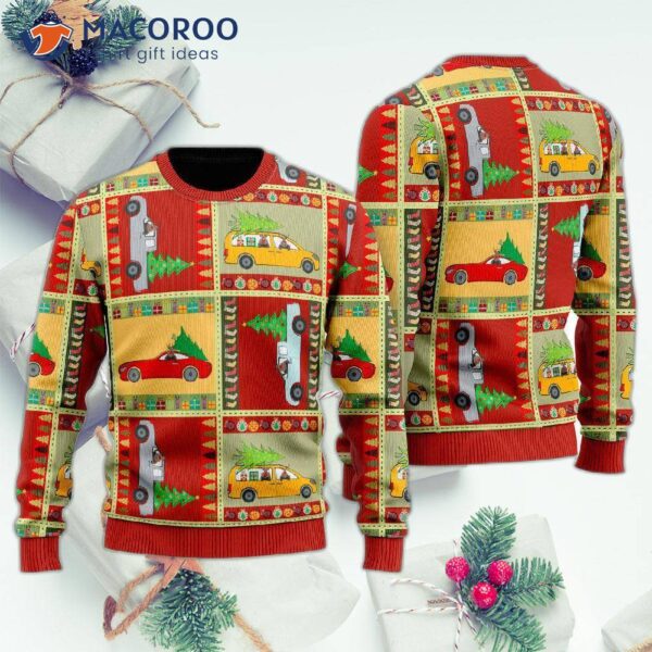 Funny Patchwork Reindeer On A Car Ugly Christmas Sweater