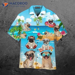 Funny Pug Dogs Playing On The Beach In Summer Hawaiian Shirts