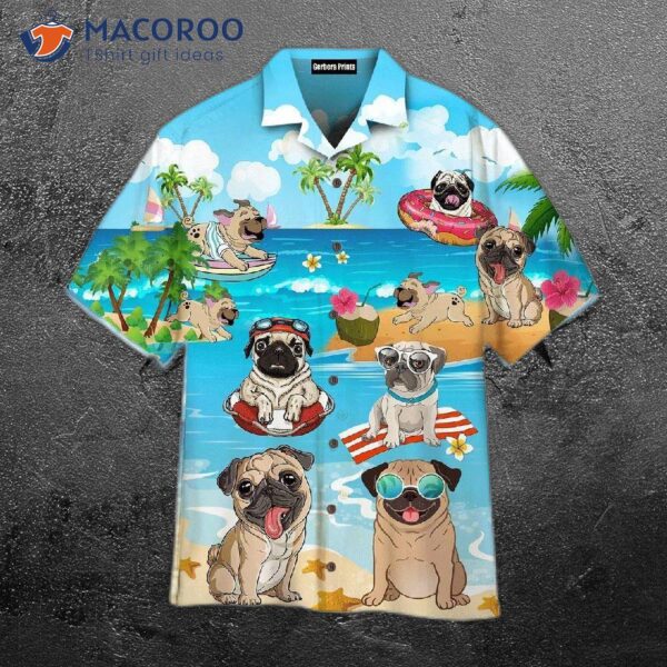 Funny Pug Dogs Playing On The Beach In Summer Hawaiian Shirts