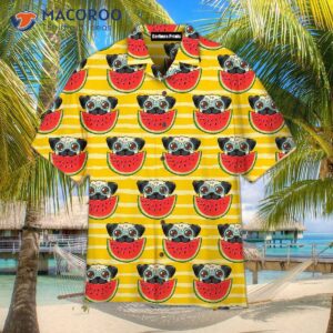 Funny Pug Wearing Sunglasses Eating Watermelon While A Yellow Hawaiian Shirt