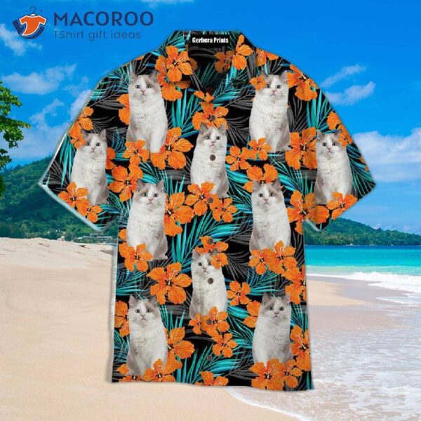 Funny Ragdoll Cat In An Orange Floral Tropical Pattern Hawaiian Shirt