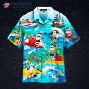 Funny Santa Claus Surfing In The Summer On Beach For Christmas July Wearing Hawaiian Shirts