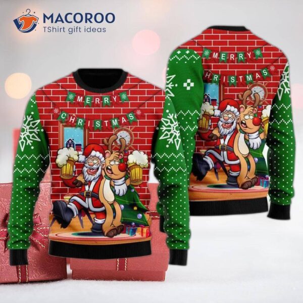 Funny Santa Drinking Beer With Reindeer Ugly Christmas Sweater