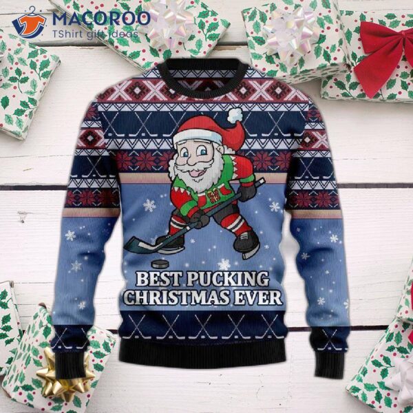 Funny Santa Playing Hockey Ugly Christmas Sweater