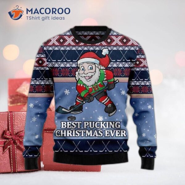 Funny Santa Playing Hockey Unappealing Christmas Sweater