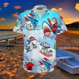 Funny Shark And Santa Claus-themed Merry Christmas In July Hawaiian Shirts.