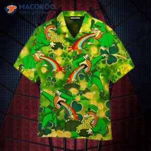 Funny St. Patrick’s Day Clover Pattern Green Hawaiian Shirts With Leprechauns