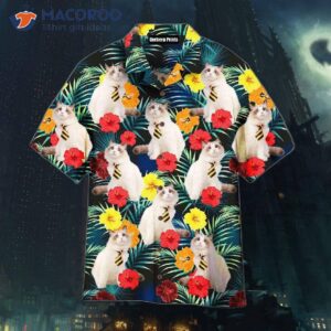 funny white cat sitting beside tropical floral patterned hawaiian shirts 0