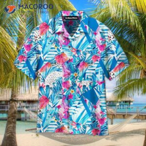 Geometric Shapes With Exotic Flowers And Leaves Patterned Blue Hawaiian Shirts