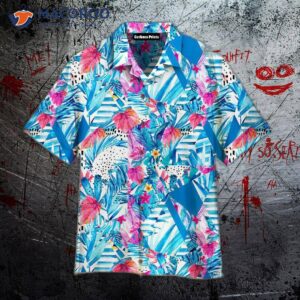 Geometric Shapes With Exotic Flowers And Leaves Patterned Blue Hawaiian Shirts
