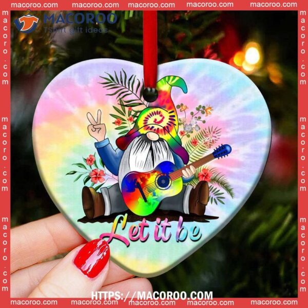 Gnome Hippie Let It Be Heart Ceramic Ornament, Gnome Christmas Ornaments