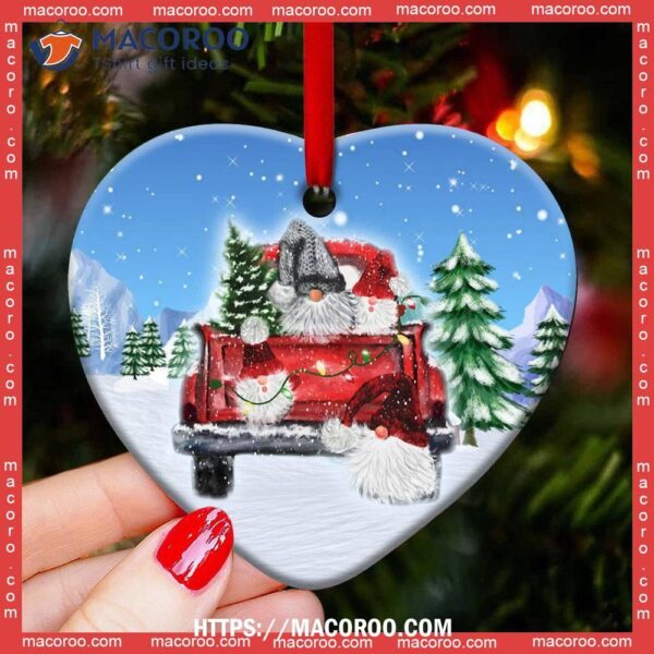 Gnome Red Truck Snow Heart Ceramic Ornament, Gnome Christmas Tree Ornaments