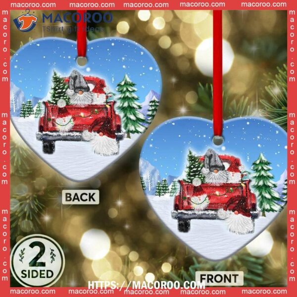 Gnome Red Truck Snow Heart Ceramic Ornament, Gnome Christmas Tree Ornaments