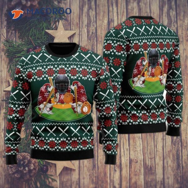 Gnomes Love Wearing Ugly Christmas Sweaters With Baseball Designs.