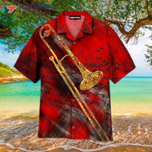 Gold Jazz Trombone Art Instrument Musical Red Hawaiian Shirts
