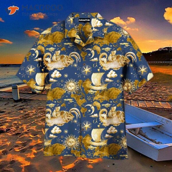 Golden Ancient Sea Pirate’s Seamless Pattern Blue Hawaiian Shirts