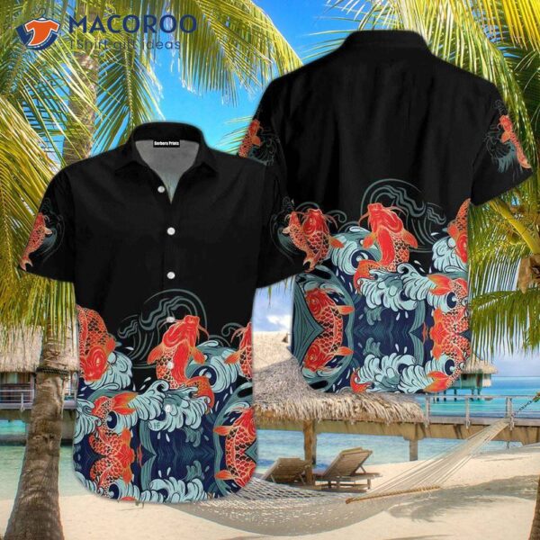 Golden Koi Fish And Black Hawaiian Shirts