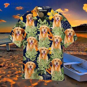 golden retriever dog with vintage tropical leaf pattern hawaiian shirt 0