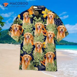 golden retriever dog with vintage tropical leaf pattern hawaiian shirt 1