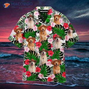 Golden Retriever Dogs Sitting On Palm Leaves Pattern Hawaiian Shirts