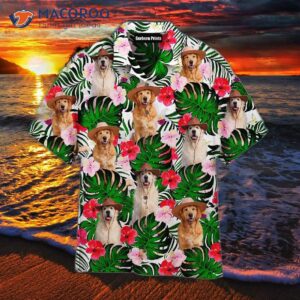 Golden Retriever Dogs Sitting On Palm Leaves Pattern Hawaiian Shirts