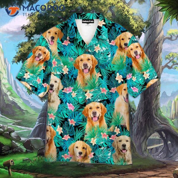 Golden Retriever Tropical Blue Leaf Hawaiian Shirt