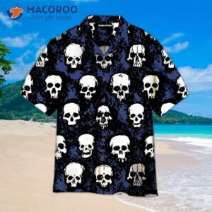 gothic skull pattern blue and white hawaiian shirts 1
